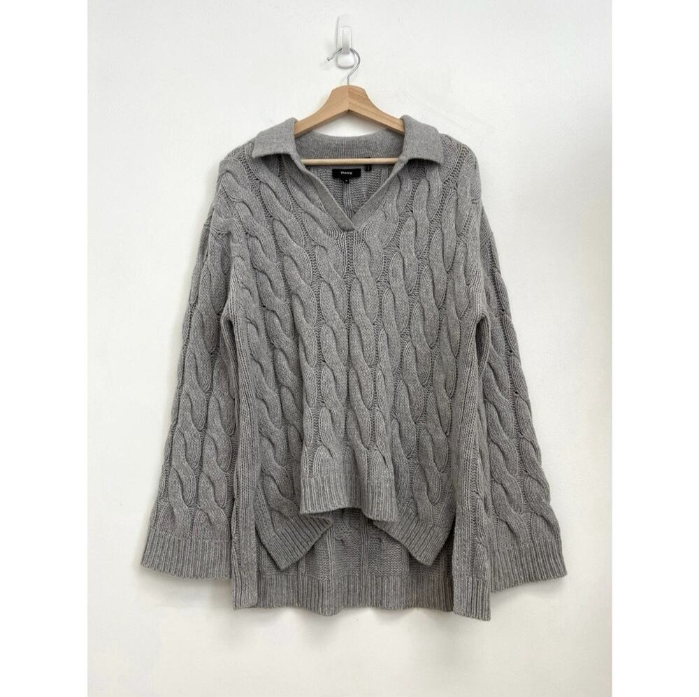 Theory Karenia Wool-Cashmere Collared Cable-Knit Oversized Chunky Sweater Medium